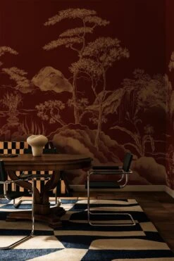 Asian Scenery Marsala Red